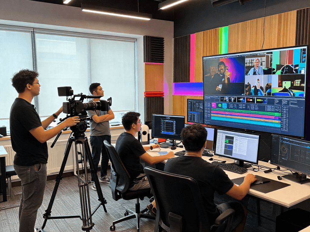 Équipe professionnelle utilisant Iron tv pro dans un studio dynamique avec équipements modernes.