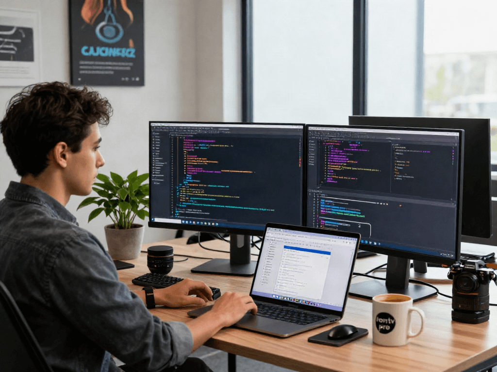 Iron tv pro developer coding in modern office workspace with dual monitors and tech gadgets.