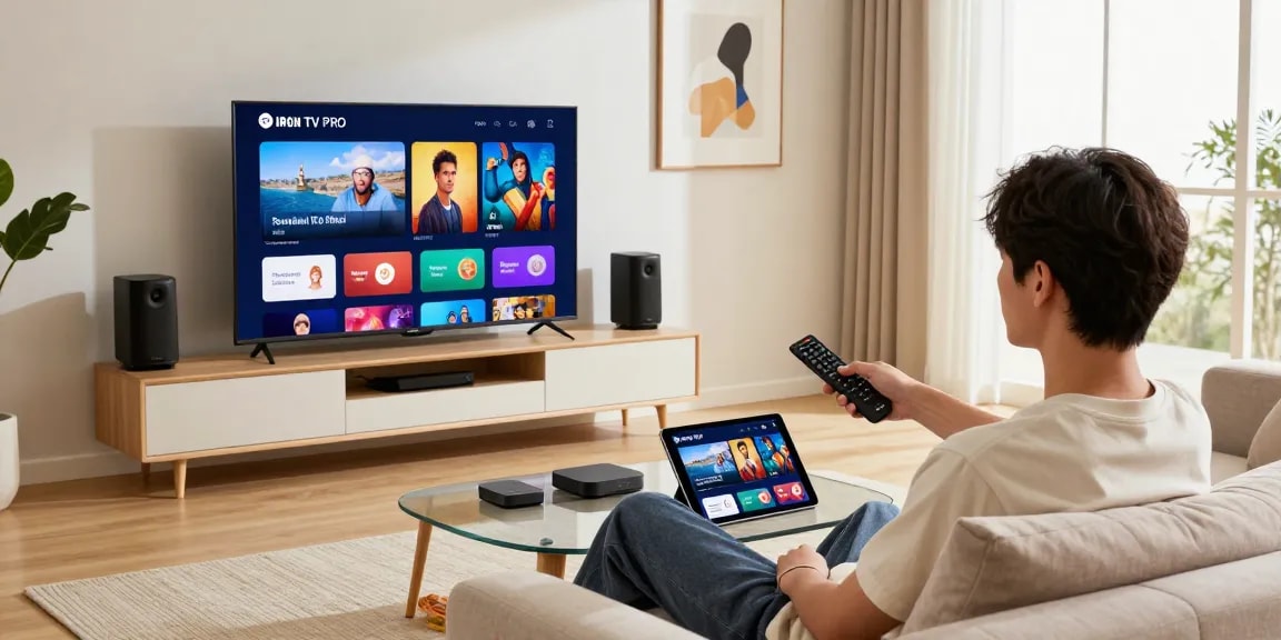 Regarder Iron TV Pro sur une Smart TV dans un salon moderne