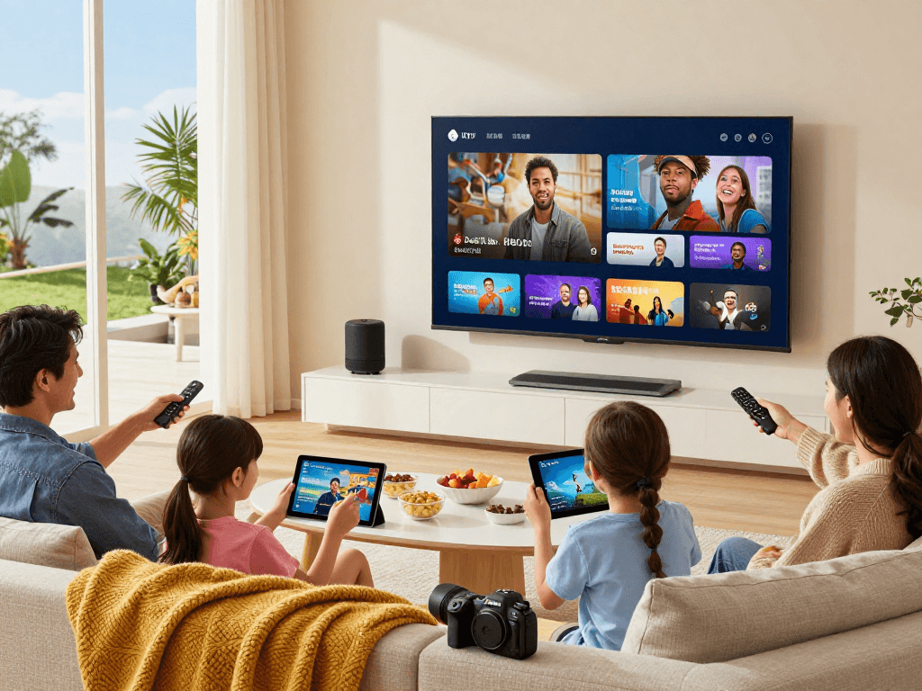 Configuration de divertissement moderne avec Atlas Pro ONTV, famille profitant de la télévision.