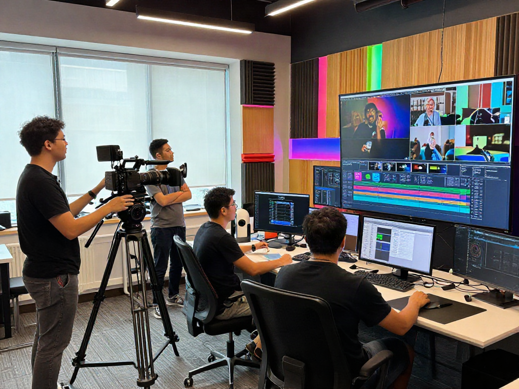 Équipe professionnelle utilisant Iron tv pro dans un studio dynamique avec équipements modernes.