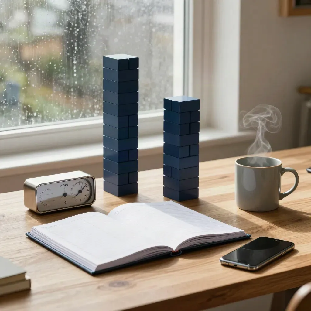 Bloc de planification, minuteur et carnet bleu nuit sur table en chêne près d’une fenêtre pluvieuse.