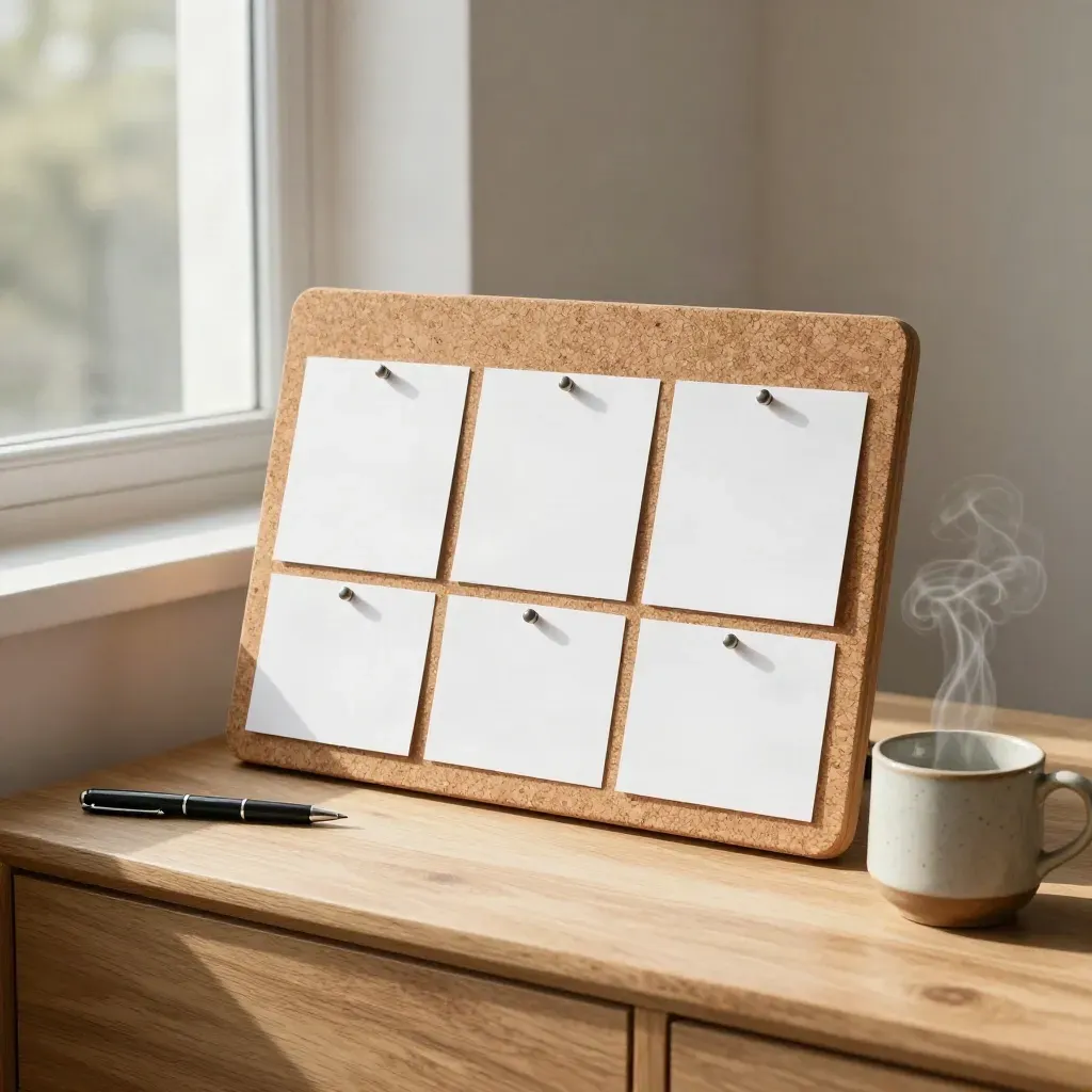 Tableau de blocs horaires en liège, cartes blanches, stylo sombre et tasse en grès près d’une fenêtre.