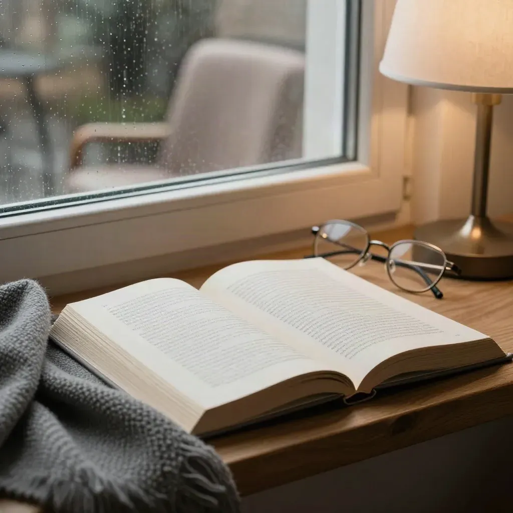 Livre ouvert, couverture de laine, lunettes sans monture et lampe basse près d’une fenêtre sous la pluie.