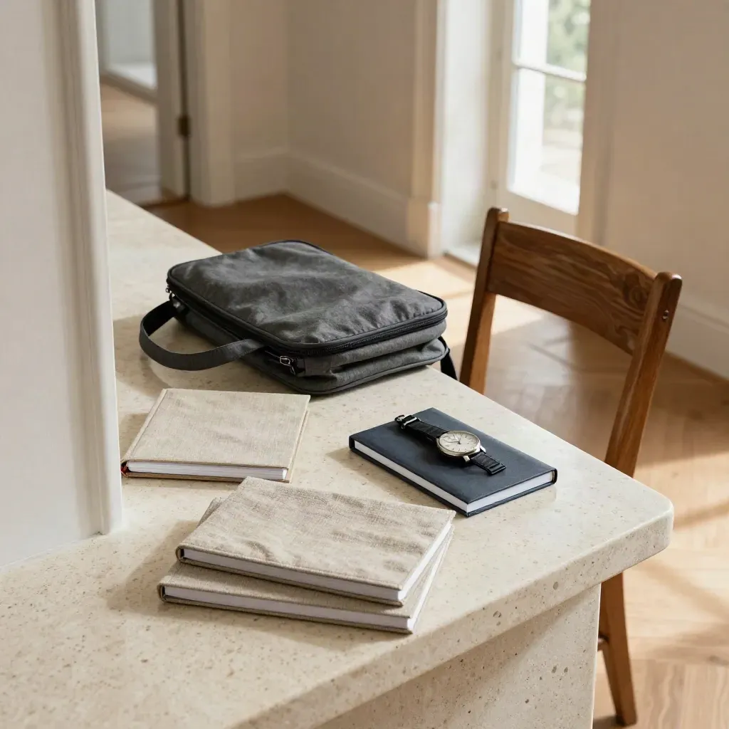Hall d’entrée cosy avec carnets, sac d’ordinateur, chaise tirée et montre sur console travertin.