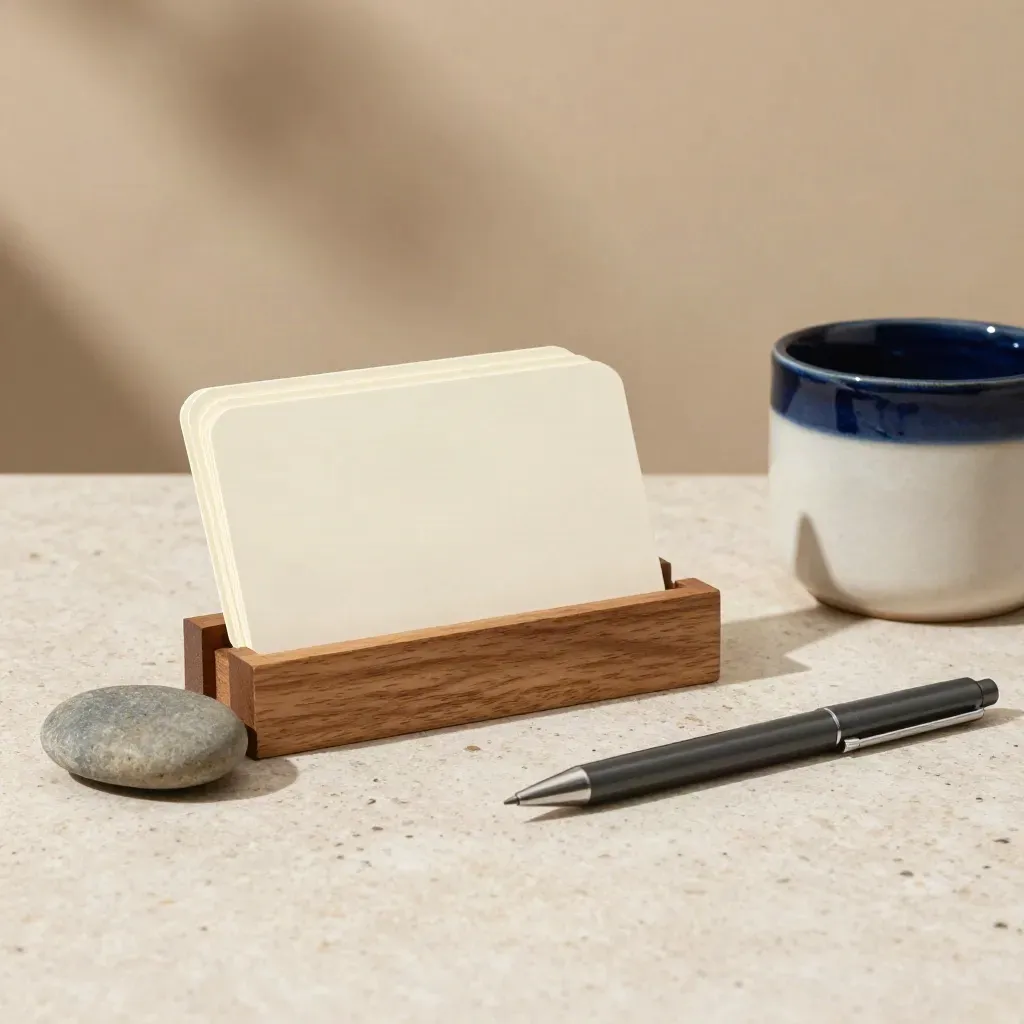 Cartes vierges triées dans un porte-cartes, stylo et pot en céramique sur pierre claire.
