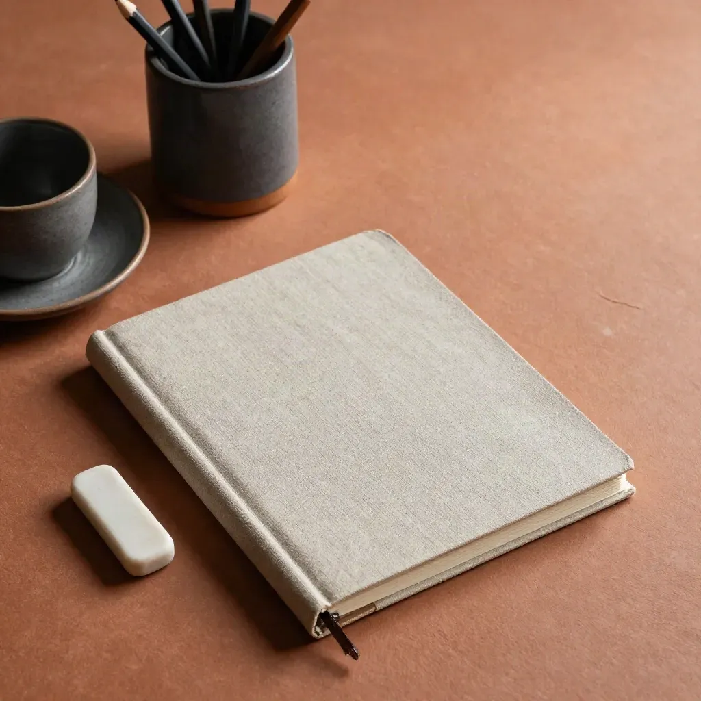 Carnet fermé, gomme, pot à crayons et tasse vide sur une table du soir.