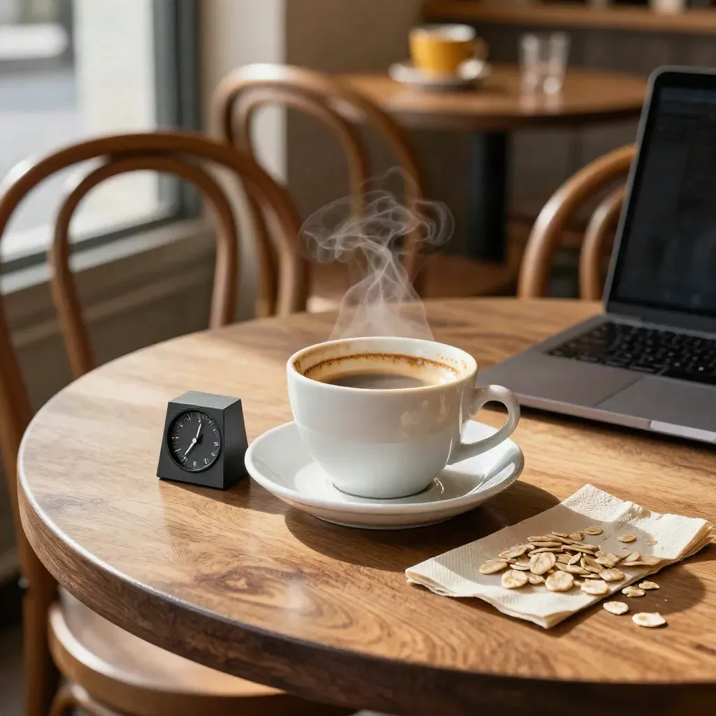 Tasse de café à moitié vide, minuteur et ordinateur fermé dans un bistrot baigné de lumière.
