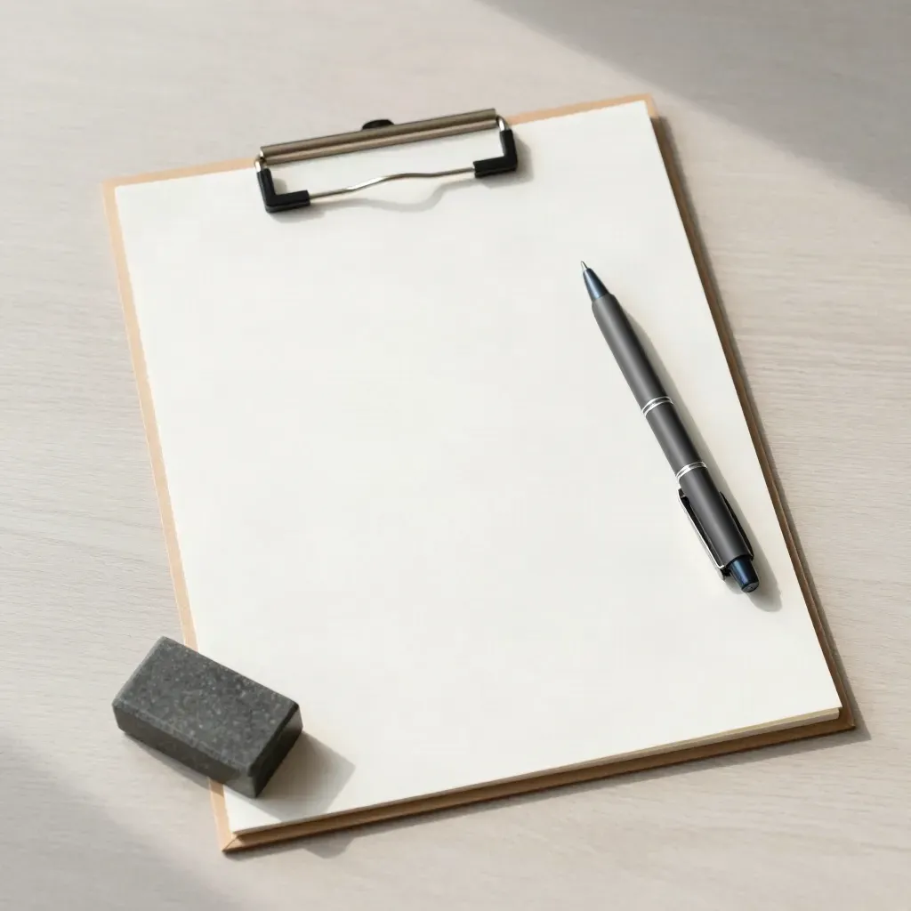 Vue du dessus d’une fiche objectifs blanche, pince bleu nuit, stylo sombre et pierre plate sur bureau clair.