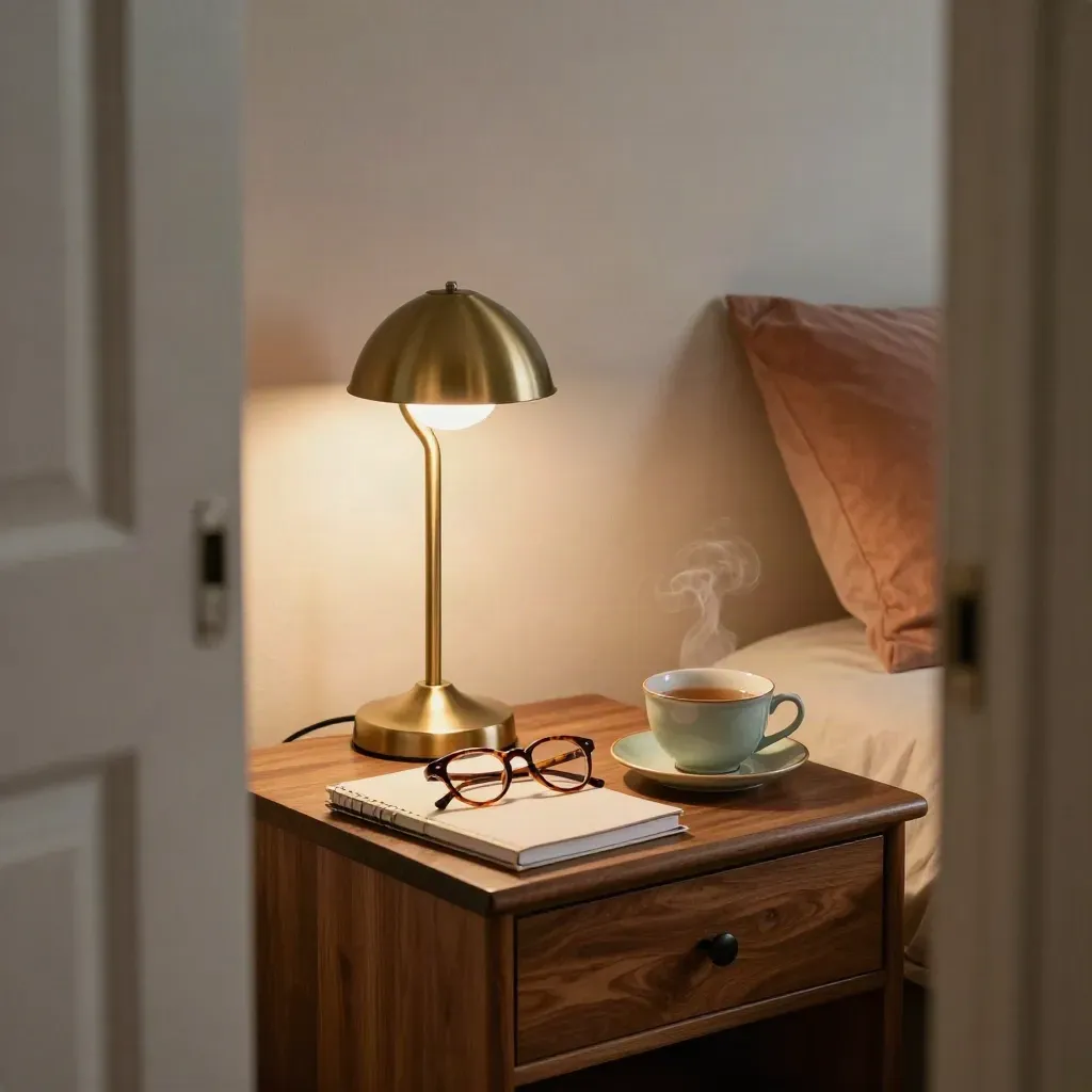 Table de nuit calme avec lampe allumée, lunettes, carnet fermé, tisane et chargeur menthe.