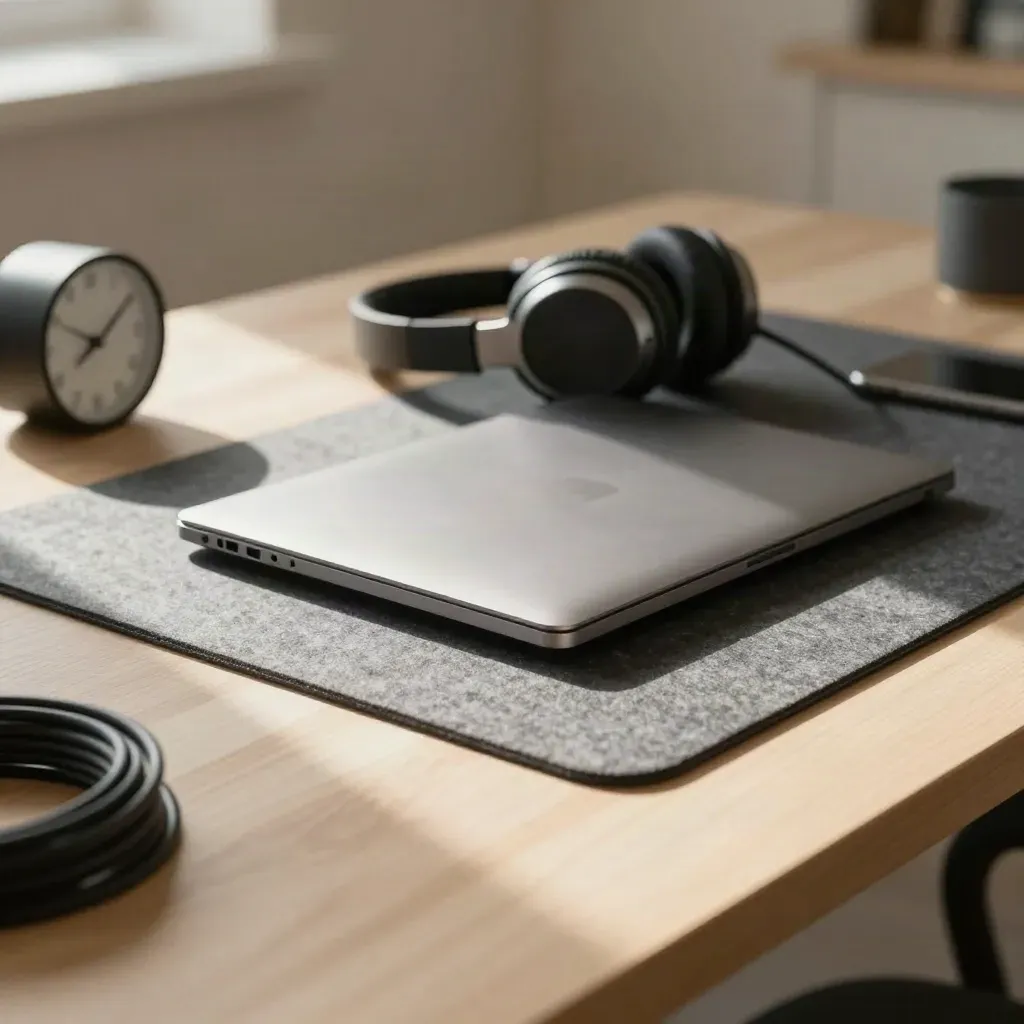 Bureau silencieux avec laptop fermé, casque et horloge dans une lumière de midi