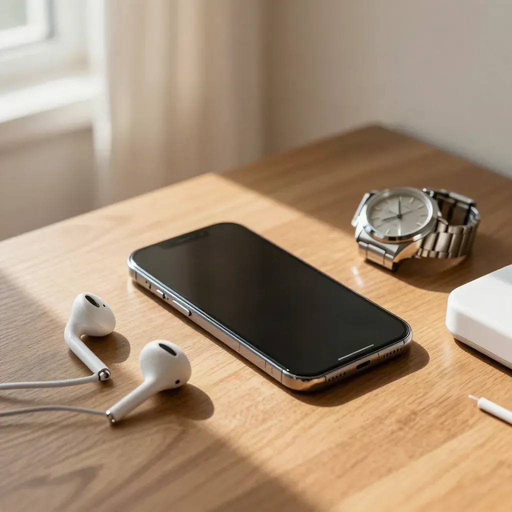 Smartphone, écouteurs, montre et socle de charge sur un coin de table, lumière douce.