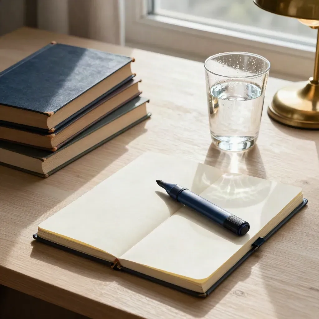 Vue plongeante d’une table d’étude avec livres, carnet ouvert, surligneur et verre d’eau.
