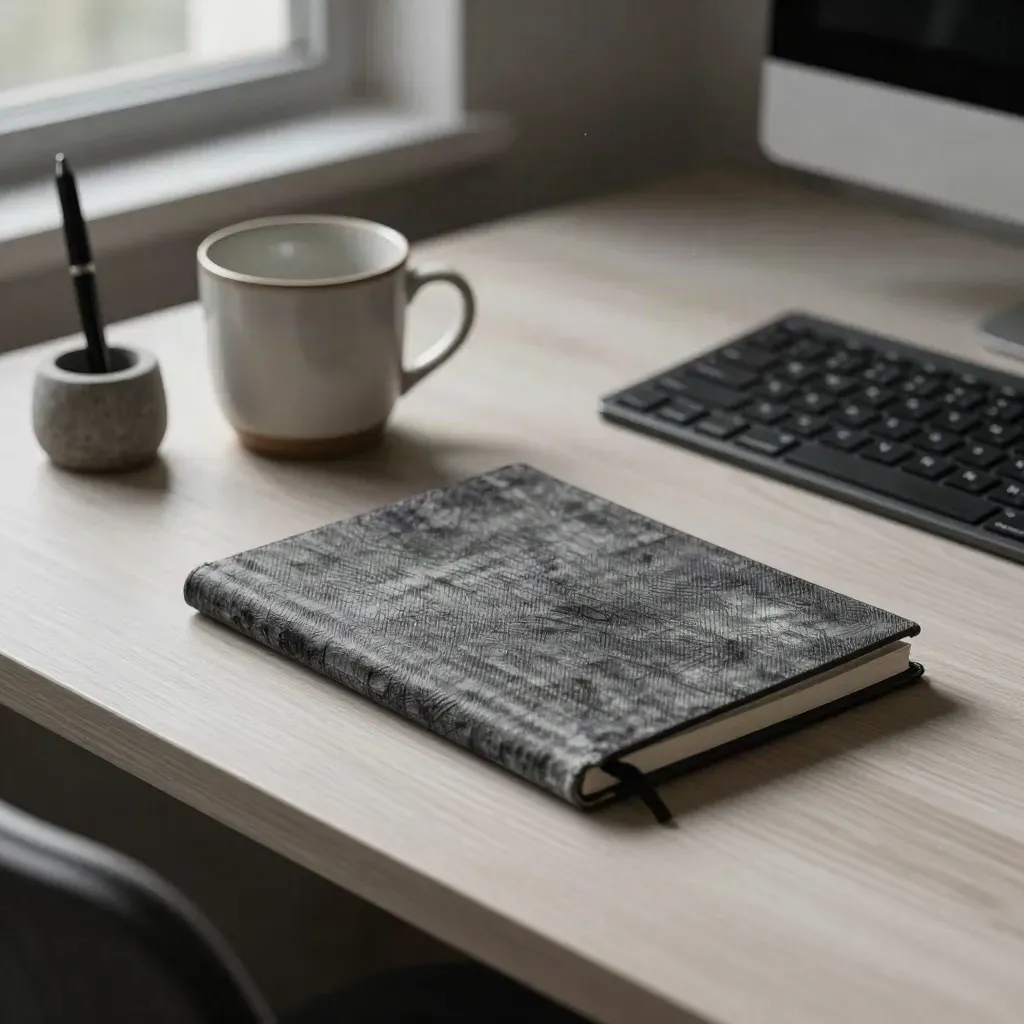Bureau rangé au soir avec carnet fermé, tasse vide, stylo et clavier discret.