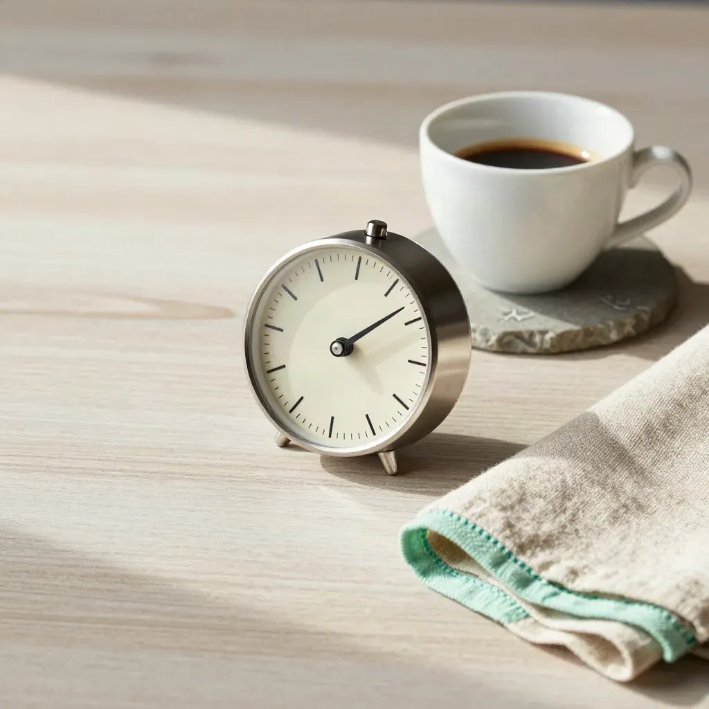 Minuteur mécanique, tasse d’espresso vide, sous-verre en pierre et linge clair sur bois pâle.