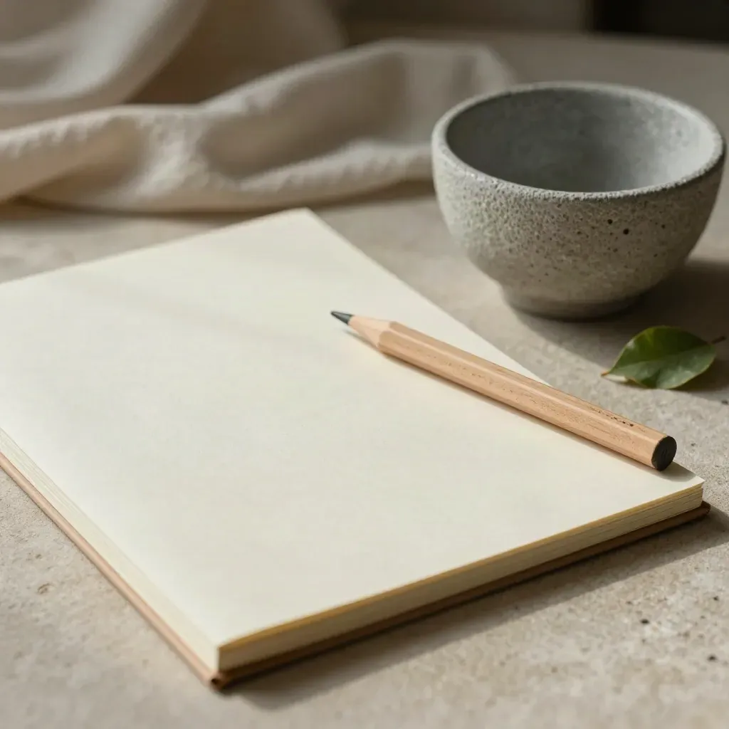 Carnet fermé, crayon, coupelle en grès et feuille verte sur fond clair, lumière douce.