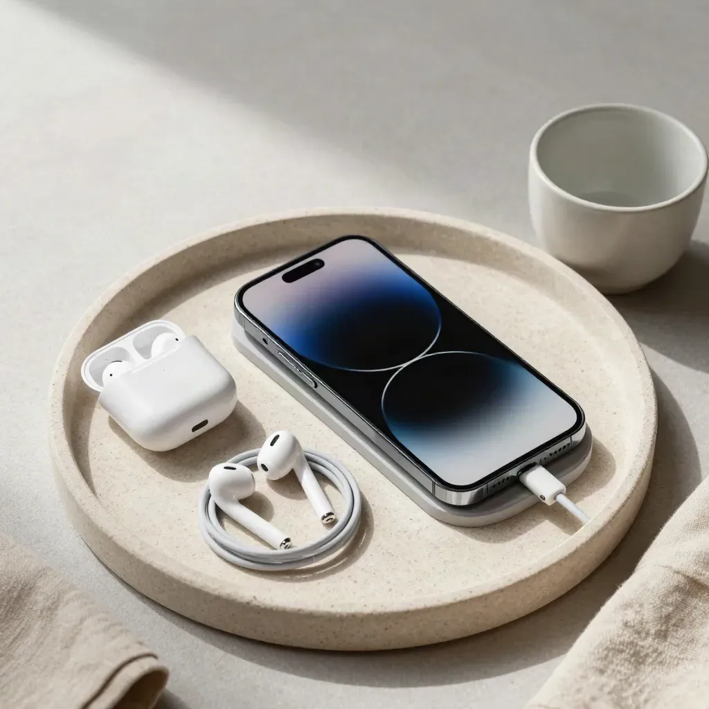 Smartphone sur socle, écouteurs, câble clair et tasse basse sur plateau de pierre.