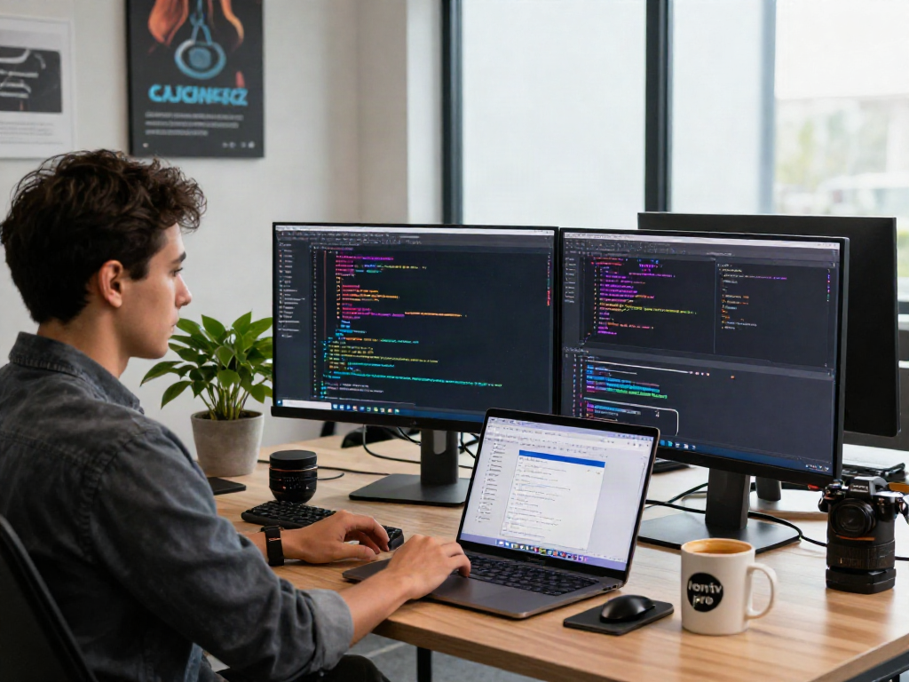 Iron tv pro developer coding in modern office workspace with dual monitors and tech gadgets.